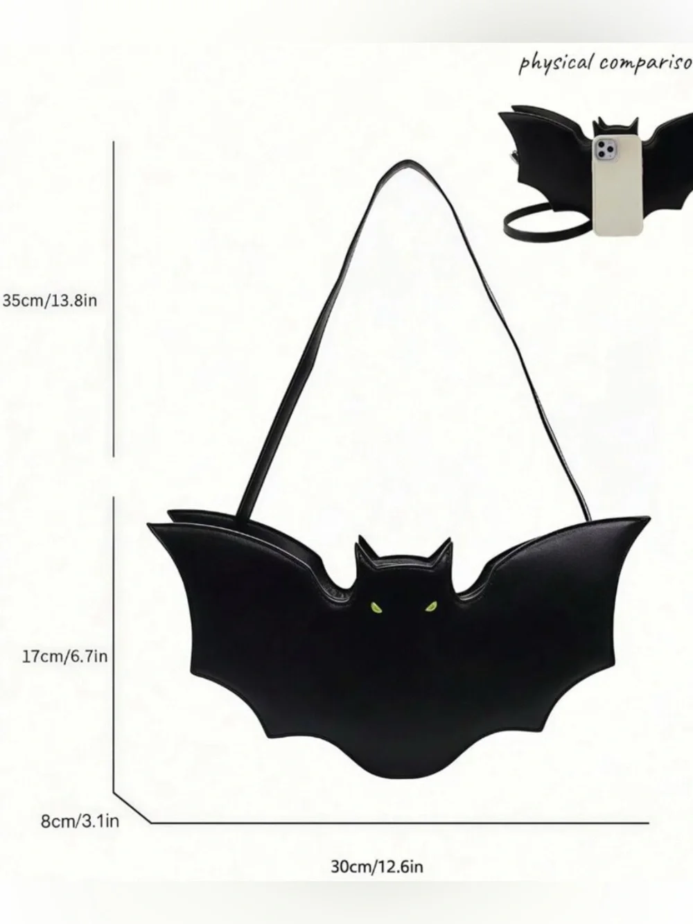 Black Bat Crossbody Shoulder Bag, Faux Leather, Neon Eyes Halloween Purse Gothic
